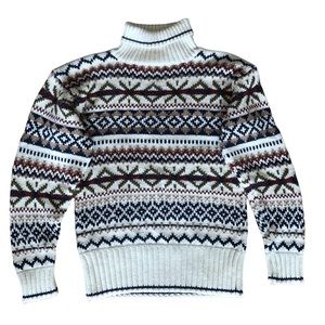 Vintage Ivory Fair Isle Turtleneck Sweater Blue Green Red Small Natural Fiber